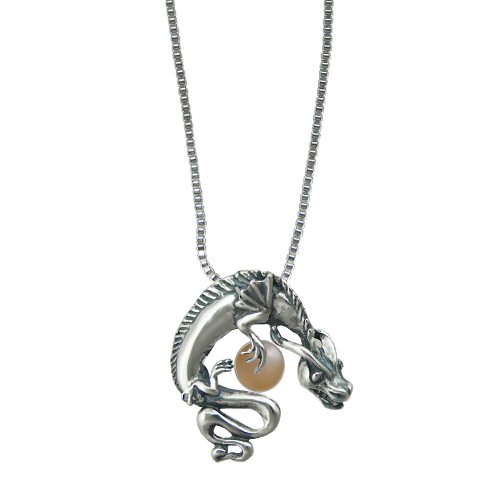 Sterling Silver Playful Dragon Pendant With Peach Moonstone